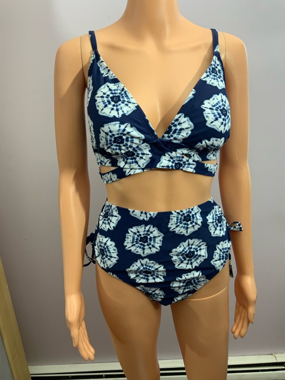 BCBG Paris Navy and White Floral Tie-Dye High Waist Bikini